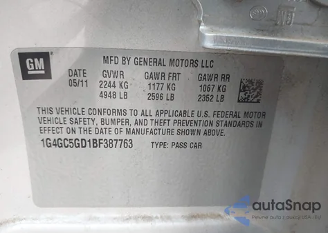 2011 Buick Lacrosse Cxl z USA, uszkodzony, nr VIN 1G4GC5GD1BF387763